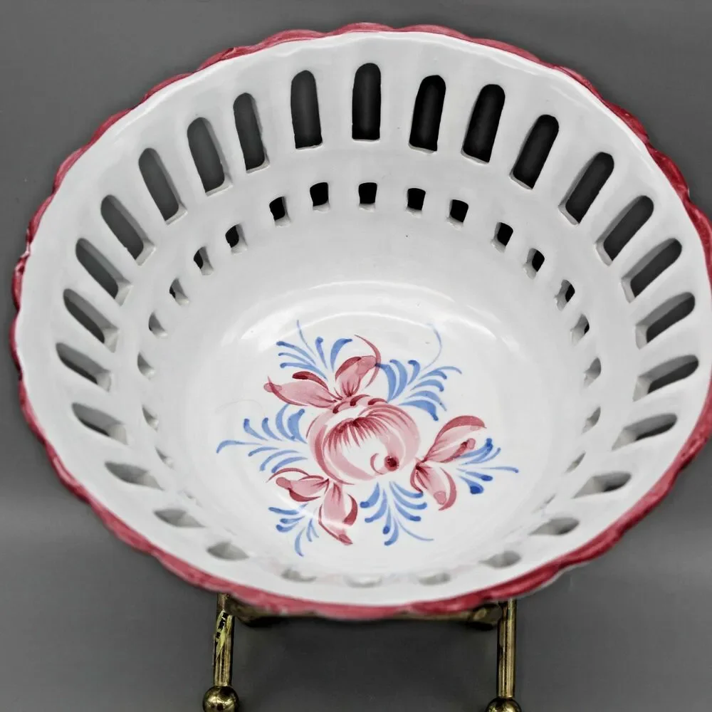 Hand Painted Ceramic Pottery Lattice Reticulated Bowl Dish Vintage RC & Cal